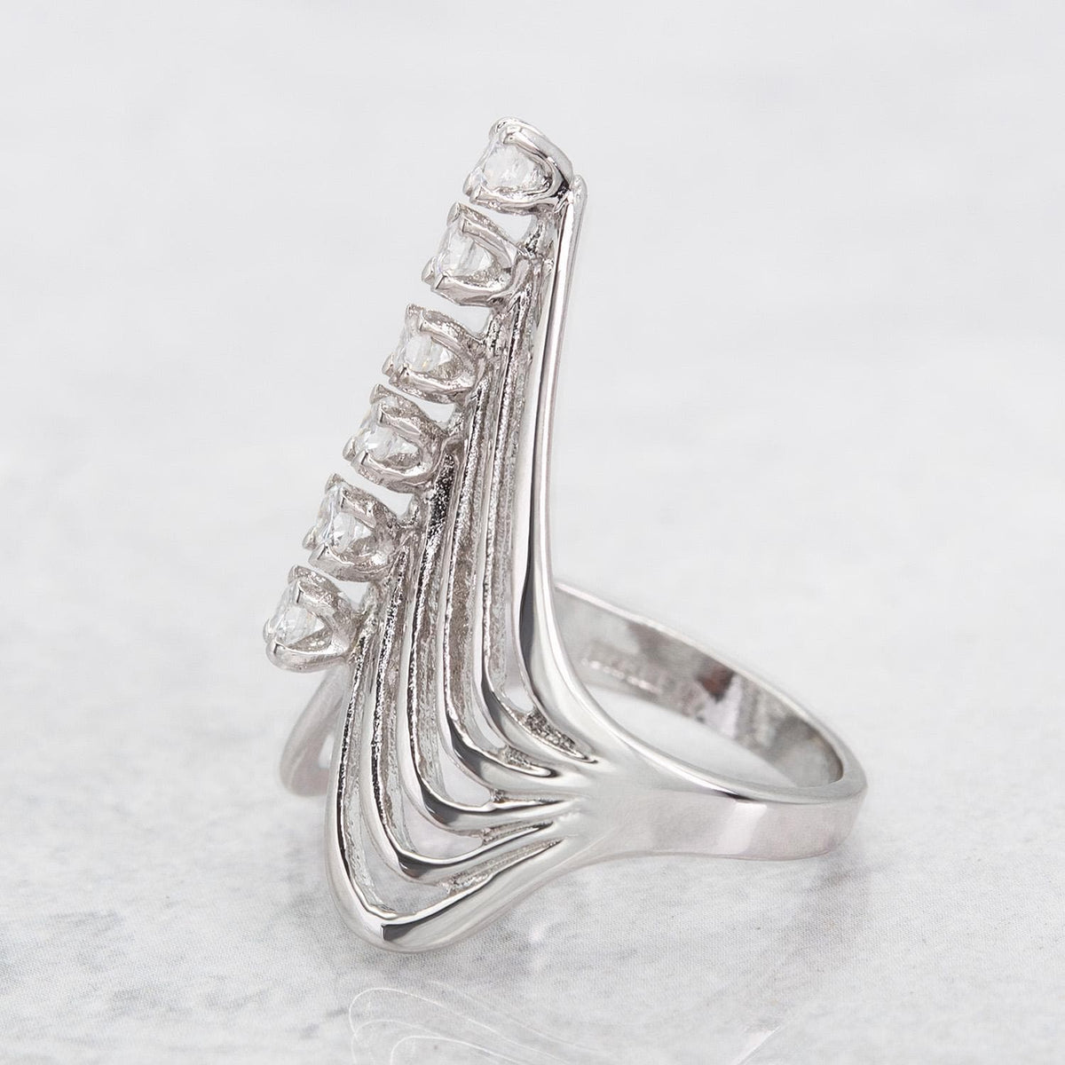 Vintage 1980s Cubic Zirconia Women's Statement Ring 18k Gold Electroplated V Shape Mid Century Design
