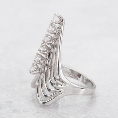Vintage 1980s Cubic Zirconia Women's Statement Ring 18k Gold Electroplated V Shape Mid Century Design