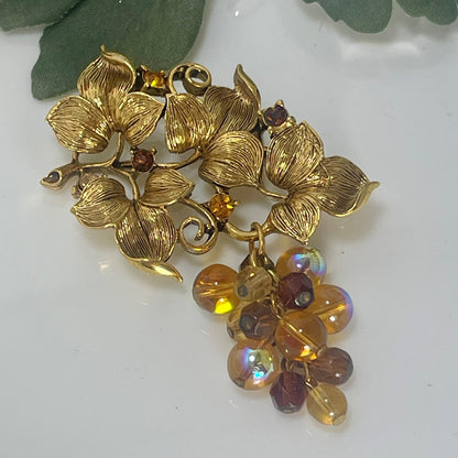 Oscar de la Renta Vintage Pin Antique Designer Gold Brooch for Women Ornate Grape Vine with Iridescent Glass Beads VERY RARE