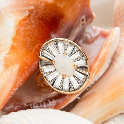 Vintage Ring Women's Genuine Opal Cocktail Ring with Baguette Clear Crystal Accents Made in the USA Gold Ring Statement Mothers Gift