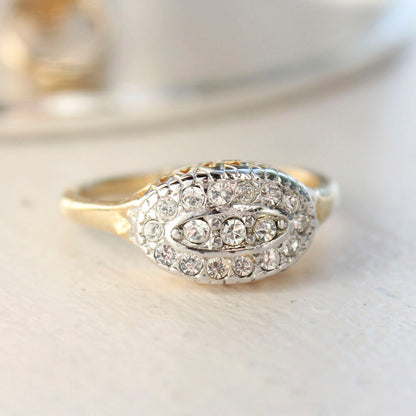 Vintage Princess Ring Made in USA Handcrafted 18kt Yellow Gold Electroplated Band Austrian Crystals