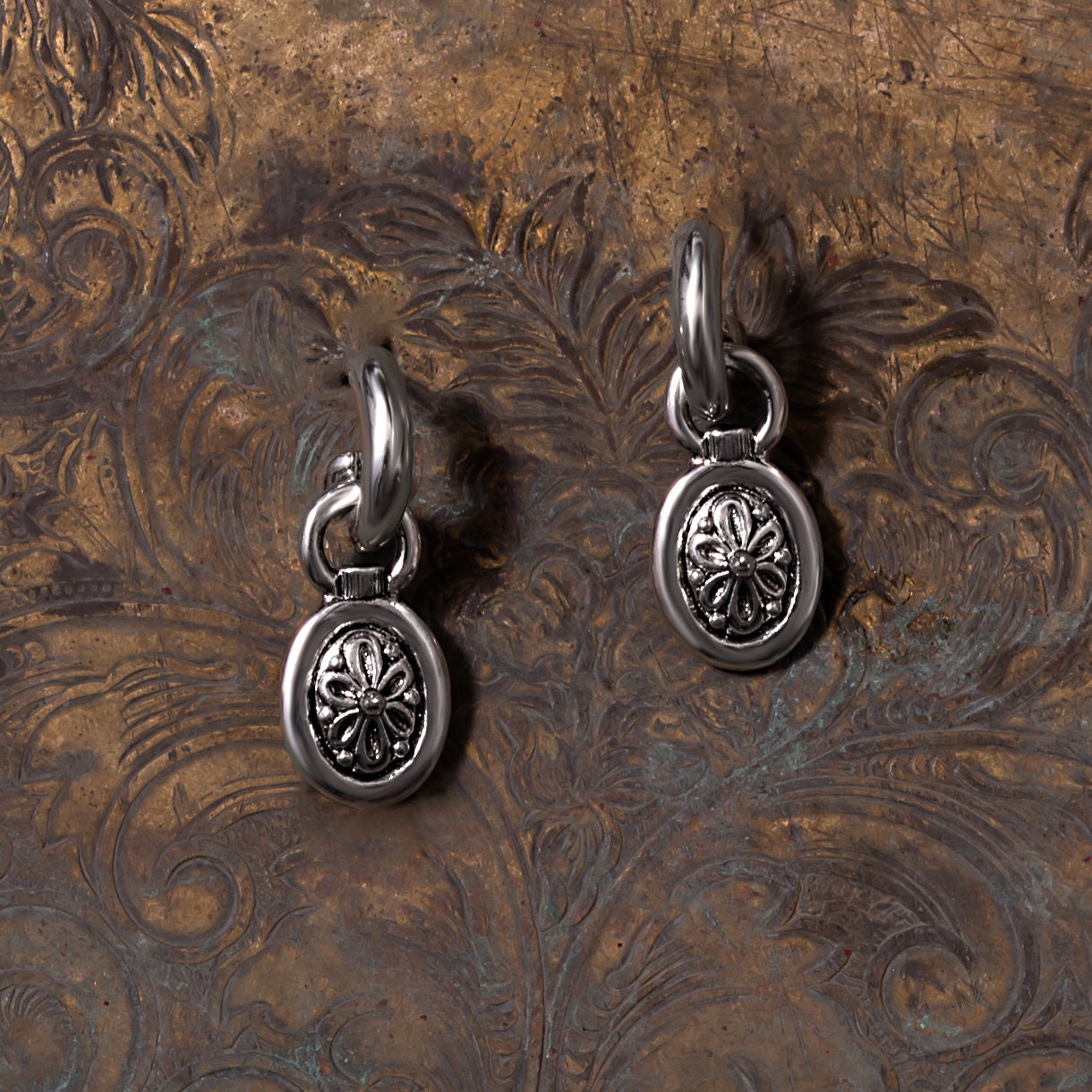 Vintage Oscar De La Renta Antiqued Silver Tone Small Hoops with Removable Dangling Oval Charm Earrings OSE-604-W