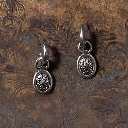 Vintage Oscar De La Renta Antiqued Silver Tone Small Hoops with Removable Dangling Oval Charm Earrings OSE-604-W