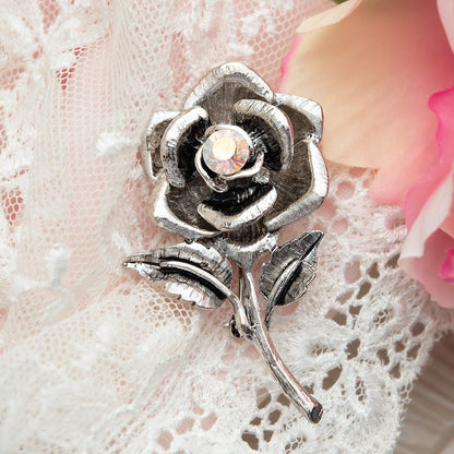 Vintage Oscar de la Renta Rose Brooch White Gold Pin Luxury Designer Jewelry Womans Antique Estate Jewelry