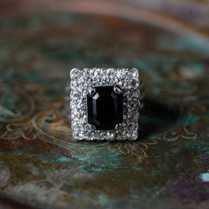 Vintage Black and Clear Austrian Crystal Cocktail Ring 18k White Gold Electroplated Made in USA