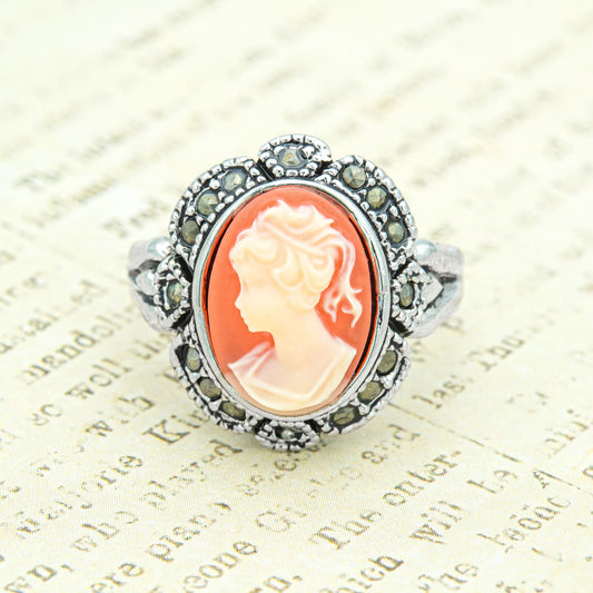 Vintage Ring 1970s 18k Antique White Gold Plated White on Coral Cameo Ring Genuine Marcasite Womans Costume Handmade Jewelry