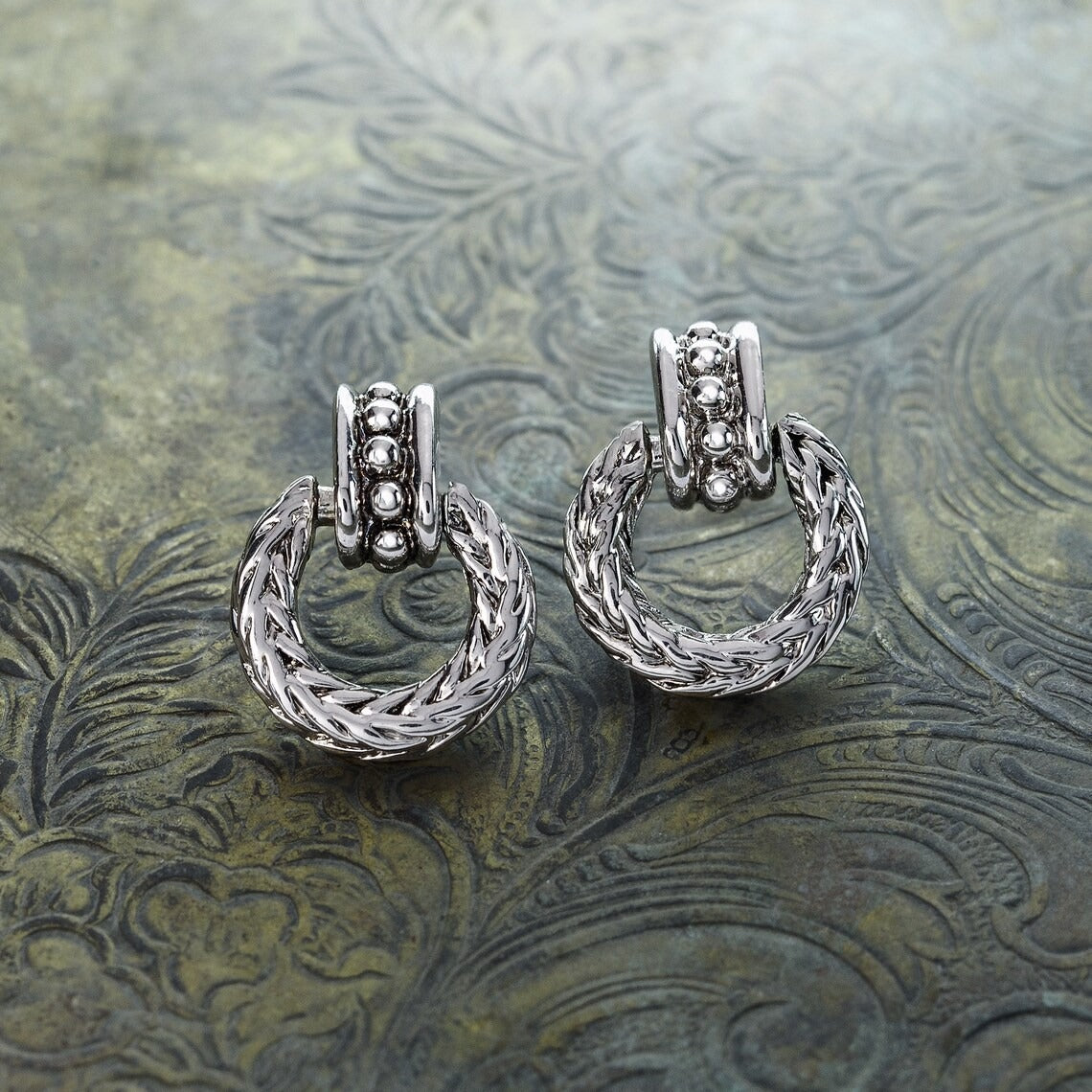 Vintage Oscar De La Renta Antiqued Silver Tone Braided Dangling Hoop Earrings jewelry image 1