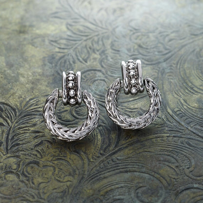 Vintage Oscar De La Renta Antiqued Silver Tone Braided Dangling Hoop Earrings jewelry image 1