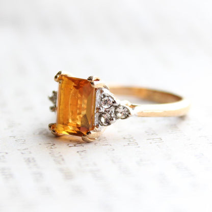 Vintage 1980s Light Topaz Emerald Cut Austrian Crystal Ring with Clear Crystal Accents - 18k Yellow Gold Electroplated jewelry image 1