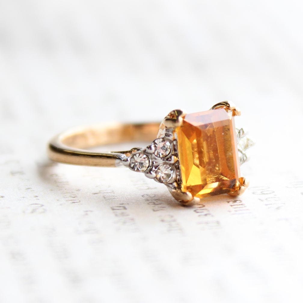 Vintage 1980s Light Topaz Emerald Cut Austrian Crystal Ring with Clear Crystal Accents - 18k Yellow Gold Electroplated jewelry image 1
