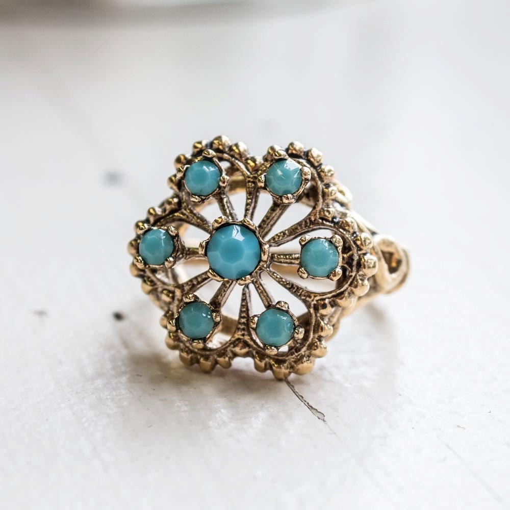 Vintage 1970s Turquoise Bead Filigree Ring - 18k Gold Electroplated - Made in USA jewelry image 1
