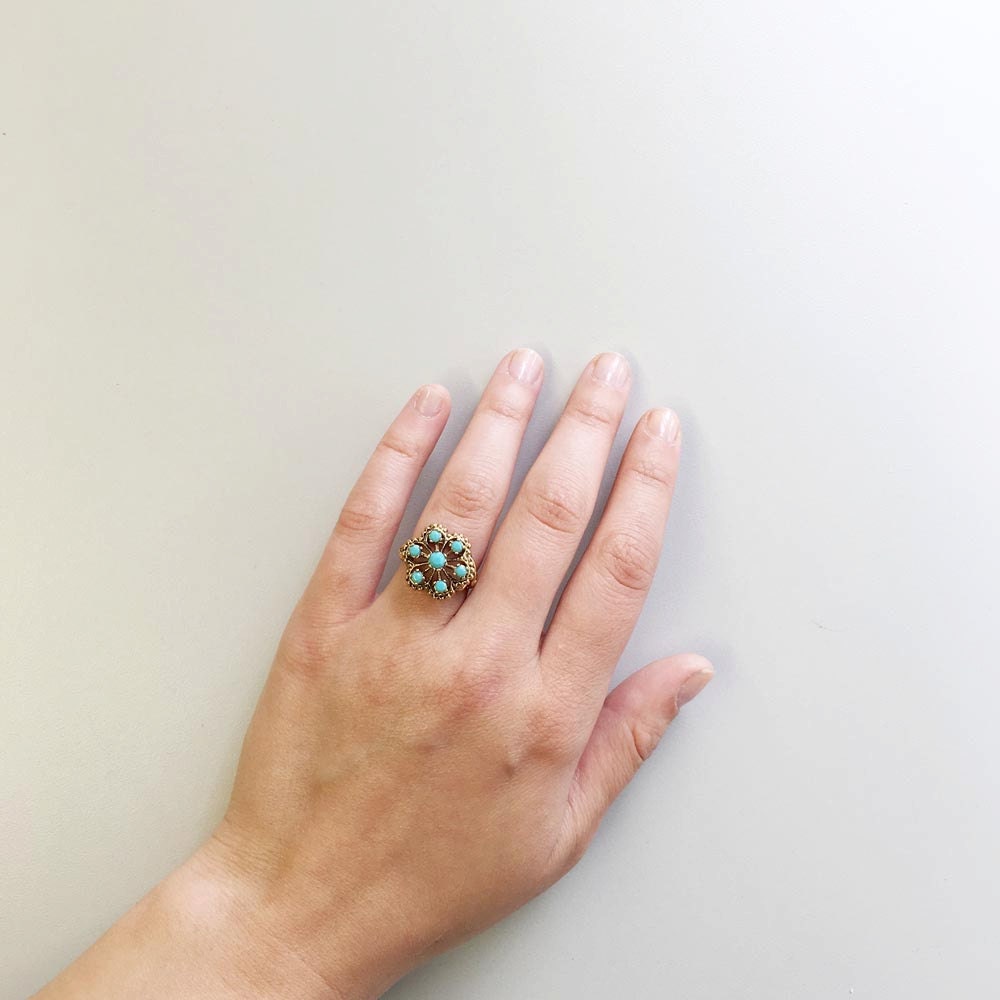 Vintage 1970s Turquoise Bead Filigree Ring - 18k Gold Electroplated - Made in USA jewelry image 1