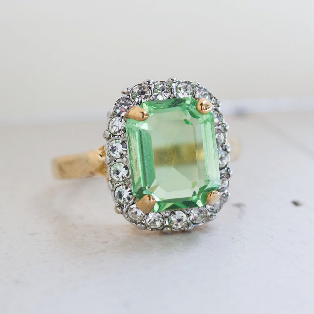 Vintage 18K Yellow Gold Electroplated Peridot Austrian Crystal Cocktail Ring - Made in USA jewelry image 1