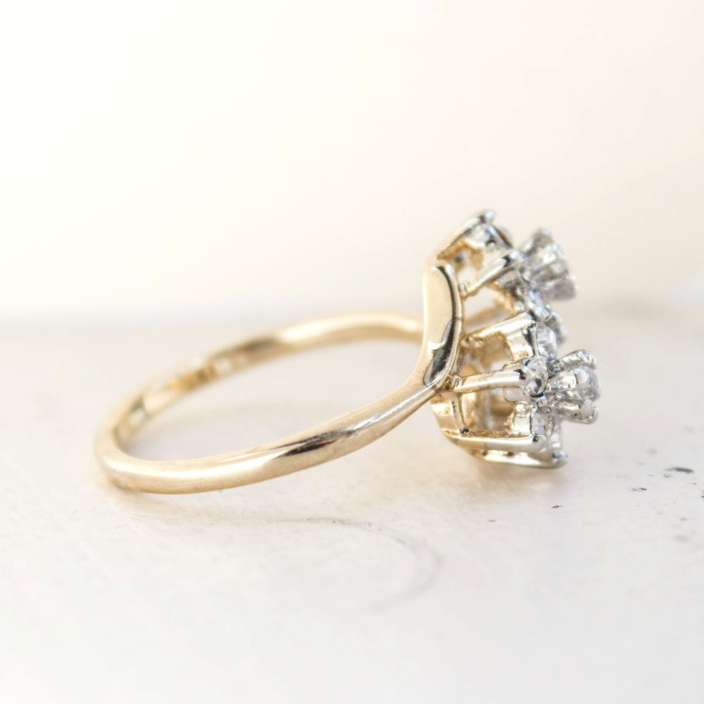 Vintage 1970s Double Flower Cluster Ring with Clear Austrian Crystals - 18k Gold Electroplated - Made in USA jewelry image 1