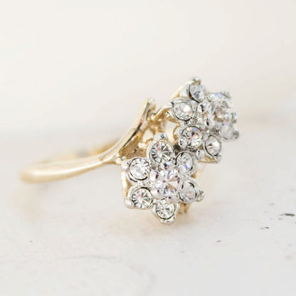 Vintage 1970s Double Flower Cluster Ring with Clear Austrian Crystals - 18k Gold Electroplated - Made in USA jewelry image 1