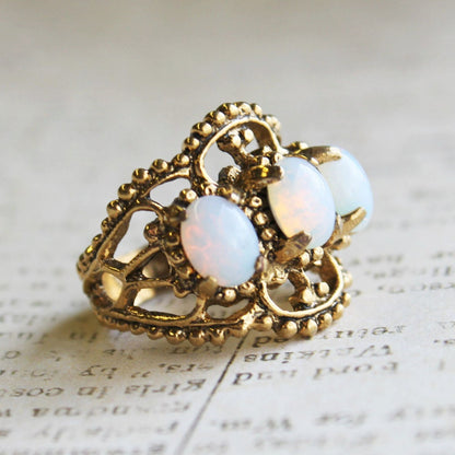 Vintage Genuine Pinfire Opal Three-Stone Ring – 18kt Gold Electroplate Antiqued Setting jewelry image 1