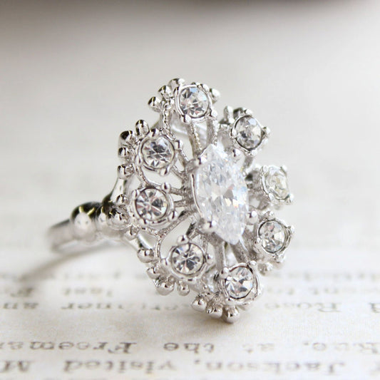 Vintage Clear Austrian Crystal Cocktail Ring - 18kt White Gold Electroplated - Made in USA jewelry image 1