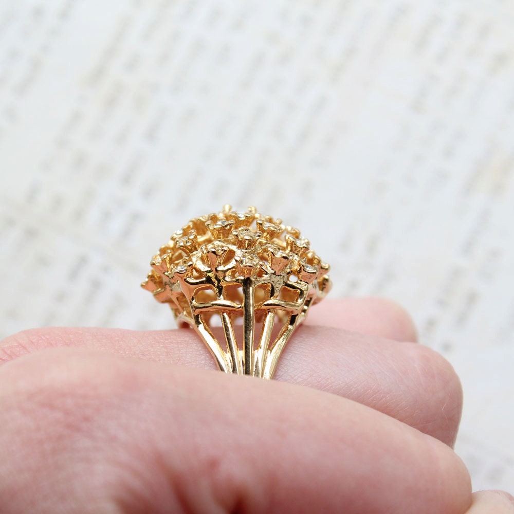 Vintage 1970s Cocktail Cluster Ring with Clear Austrian Crystals – 18k Gold Electroplated – Made in USA jewelry image 1