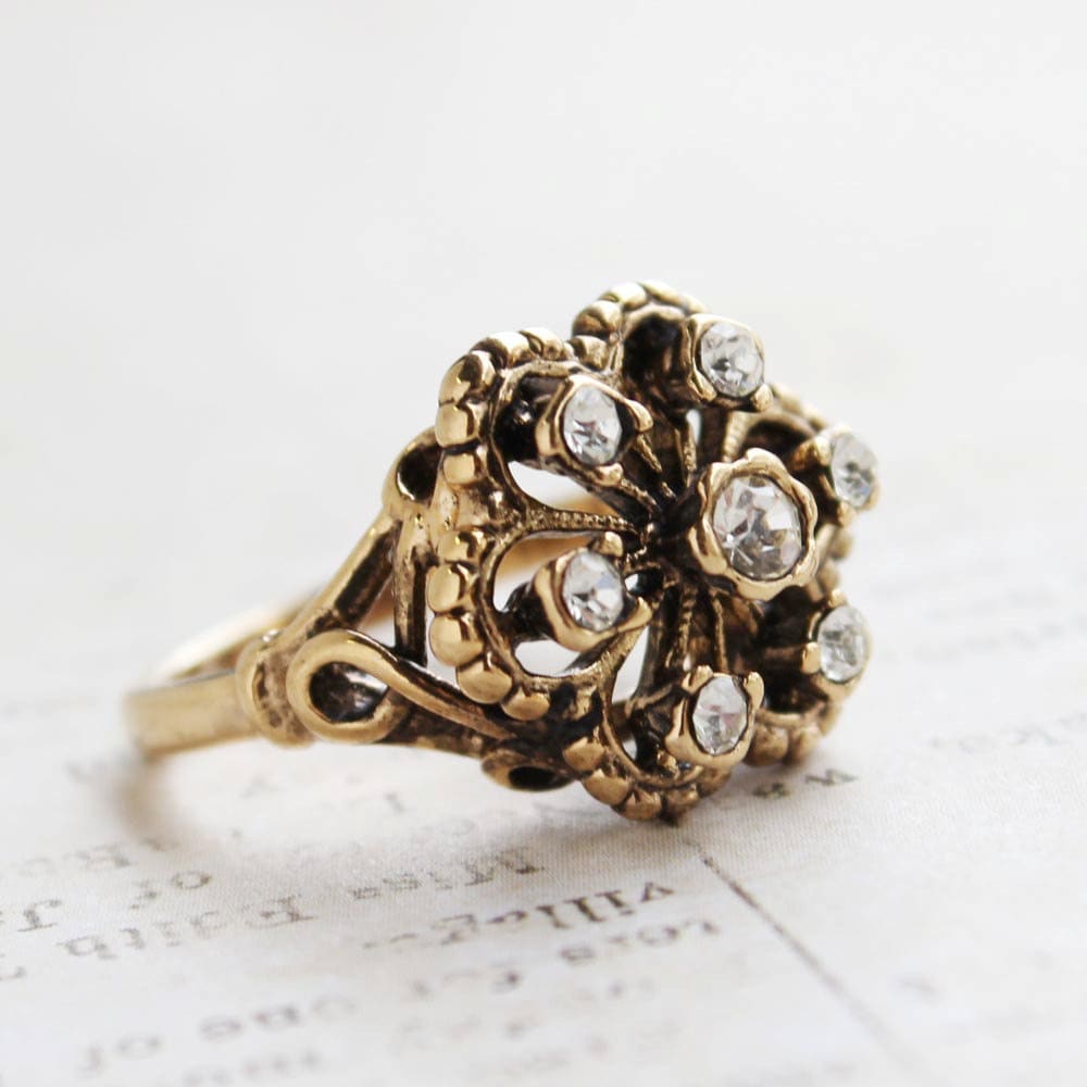 Vintage Filigree Ring with Clear Austrian Crystals – Antiqued 18k Gold Electroplated – Made in USA jewelry image 1