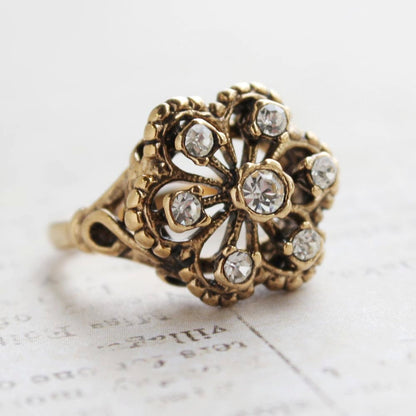 Vintage Filigree Ring with Clear Austrian Crystals – Antiqued 18k Gold Electroplated – Made in USA jewelry image 1