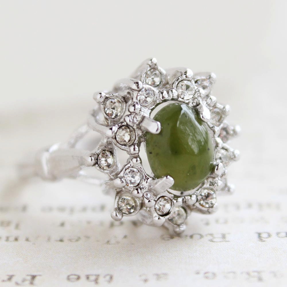 Vintage Genuine Jade & Austrian Crystal 18k White Gold Electroplated Cocktail Ring – Made in USA jewelry image 1