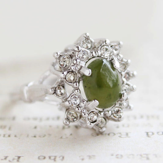 Vintage Genuine Jade & Austrian Crystal 18k White Gold Electroplated Cocktail Ring – Made in USA jewelry image 1
