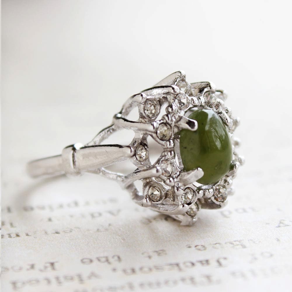 Vintage Genuine Jade & Austrian Crystal 18k White Gold Electroplated Cocktail Ring – Made in USA jewelry image 1