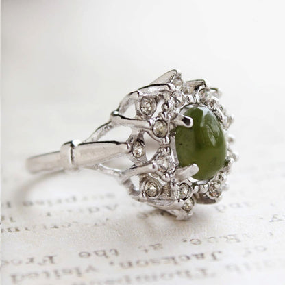 Vintage Genuine Jade & Austrian Crystal 18k White Gold Electroplated Cocktail Ring – Made in USA jewelry image 1