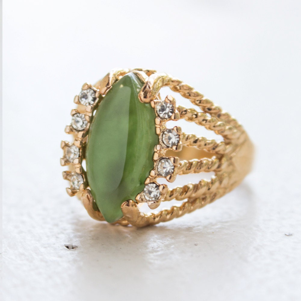 Vintage Genuine Jade Marquise Filigree Ring – 18k Gold Electroplated, Made in USA jewelry image 1
