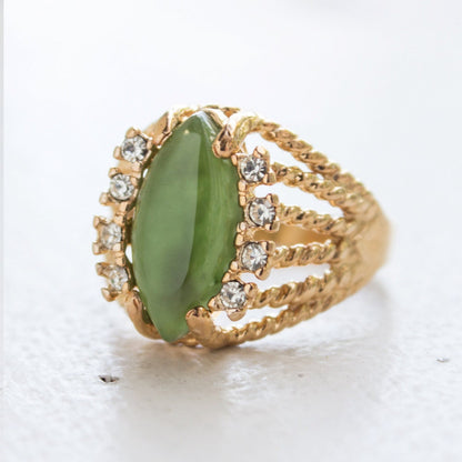 Vintage Genuine Jade Marquise Filigree Ring – 18k Gold Electroplated, Made in USA jewelry image 1