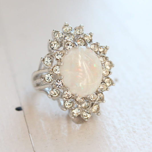 Vintage Genuine Opal Ring with Clear Austrian Crystals – 18k White Gold Electroplated – Made in USA jewelry image 1