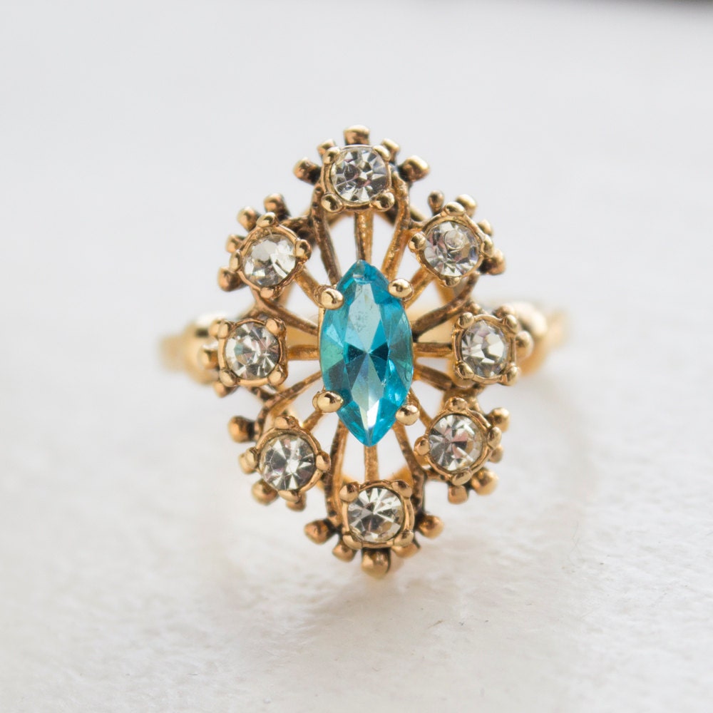 Vintage 1970s Blue Topaz & Clear Austrian Crystal Ring - Antiqued 18k Gold Electroplated Filigree Setting jewelry image 1