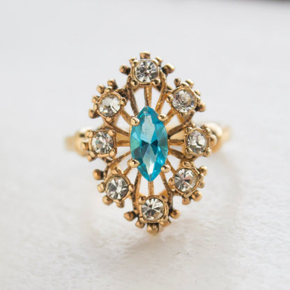 Vintage 1970s Blue Topaz & Clear Austrian Crystal Ring - Antiqued 18k Gold Electroplated Filigree Setting jewelry image 1