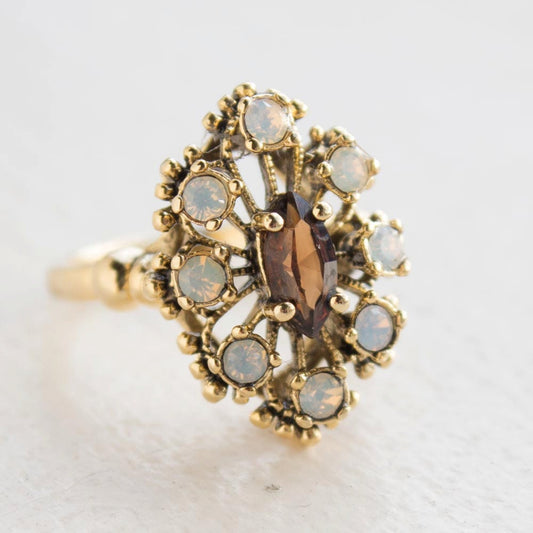 Vintage Marquise Cut Smoky Topaz Crystal Cocktail Ring with Pinfire Opals - 18k Gold Electroplated jewelry image 1
