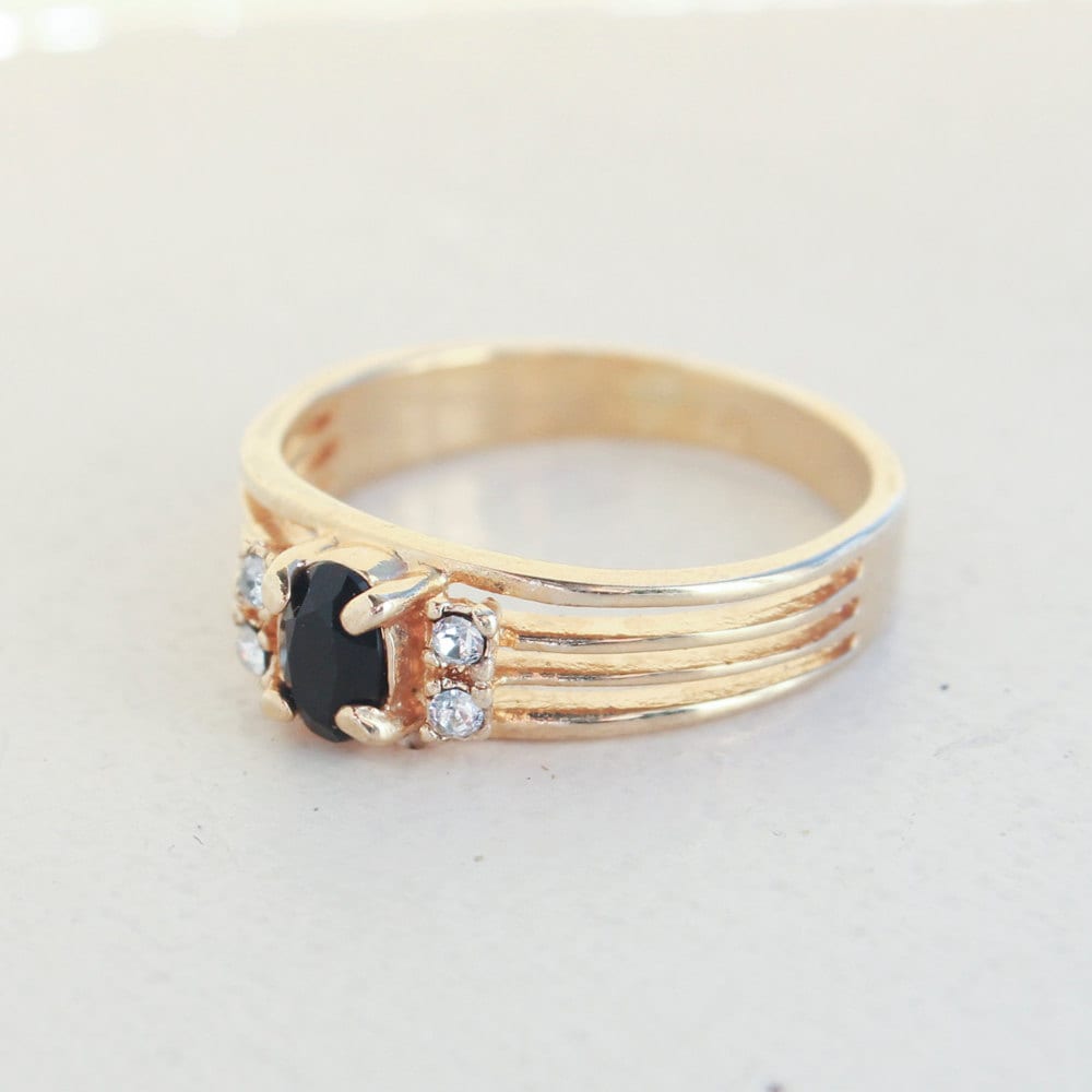 Vintage 1980s Jet Black and Clear Austrian Crystal Ring - 18k Gold Electroplated jewelry image 1