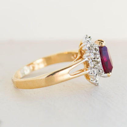 Vintage 1980s Garnet and Clear Austrian Crystal 18kt Gold Electroplated Halo Ring – January Birthstone jewelry image 1