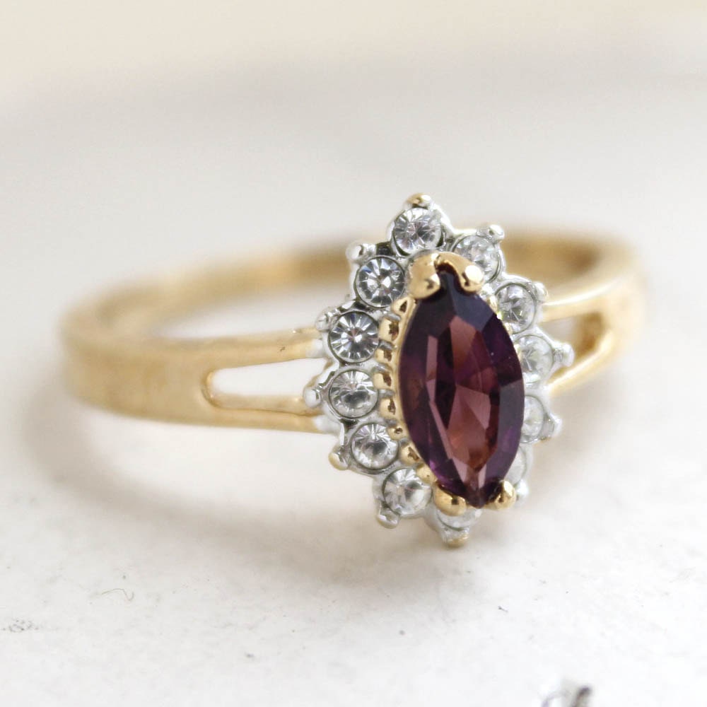Vintage 1980s Aquamarine Austrian Crystal Ring with Clear Crystal Halo - 18kt Yellow Gold Electroplated jewelry image 1