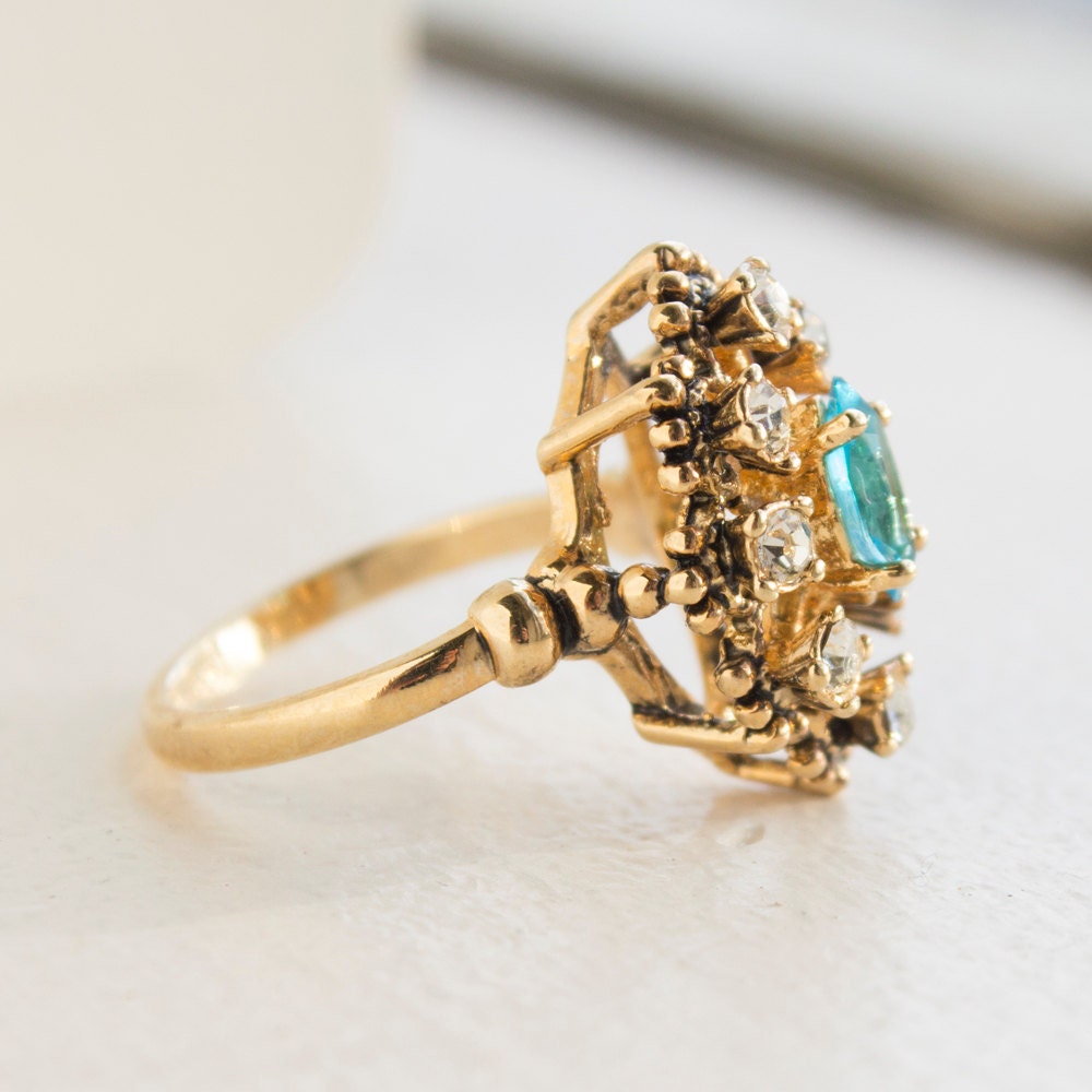Vintage 1970s Blue Topaz & Clear Austrian Crystal Ring - Antiqued 18k Gold Electroplated Filigree Setting jewelry image 1
