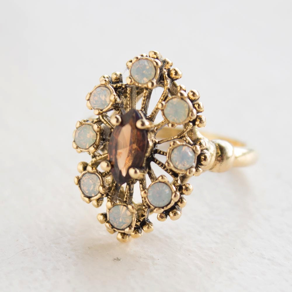 Vintage Marquise Cut Smoky Topaz Crystal Cocktail Ring with Pinfire Opals - 18k Gold Electroplated jewelry image 1