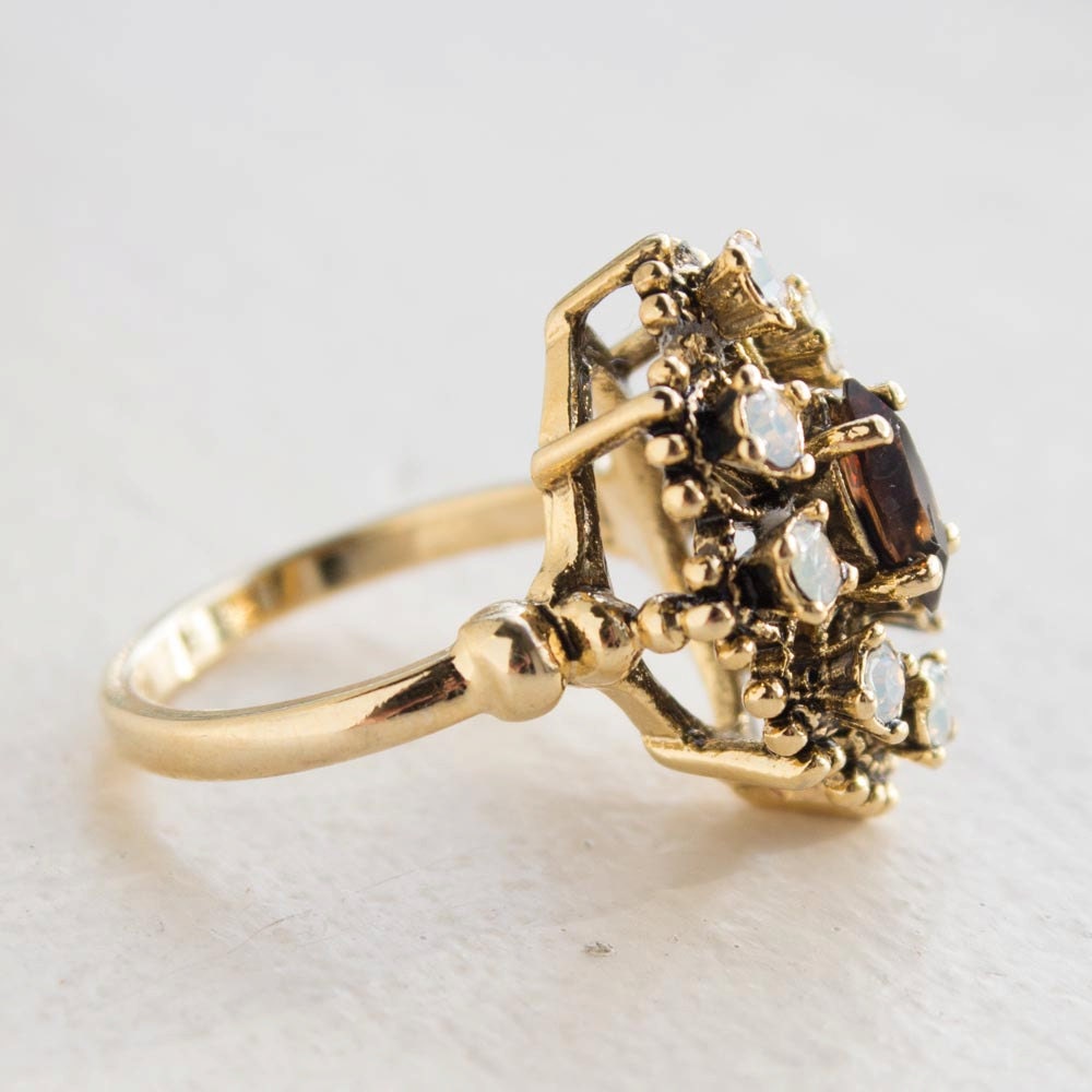 Vintage Marquise Cut Smoky Topaz Crystal Cocktail Ring with Pinfire Opals - 18k Gold Electroplated jewelry image 1