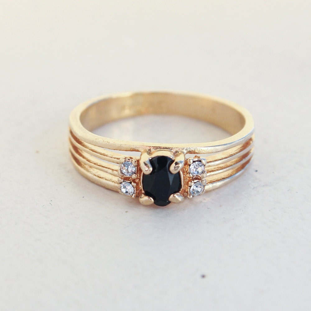 Vintage 1980s Jet Black and Clear Austrian Crystal Ring - 18k Gold Electroplated jewelry image 1