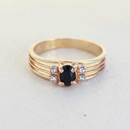 Vintage 1980s Jet Black and Clear Austrian Crystal Ring - 18k Gold Electroplated jewelry image 1