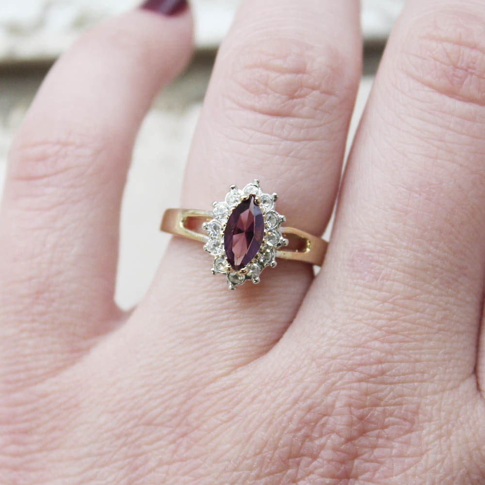 Vintage 1980s Aquamarine Austrian Crystal Ring with Clear Crystal Halo - 18kt Yellow Gold Electroplated jewelry image 1
