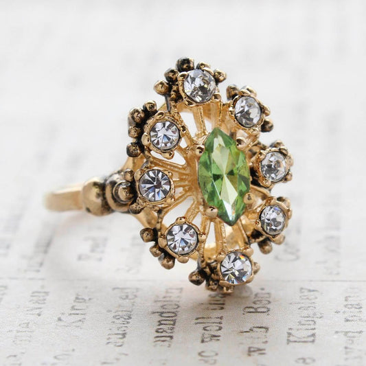 Vintage Marquise Cut Peridot Crystal Cocktail Ring with Clear Crystals - 18k Gold Electroplated jewelry image 1