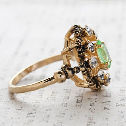 Vintage Marquise Cut Peridot Crystal Cocktail Ring with Clear Crystals - 18k Gold Electroplated jewelry image 1
