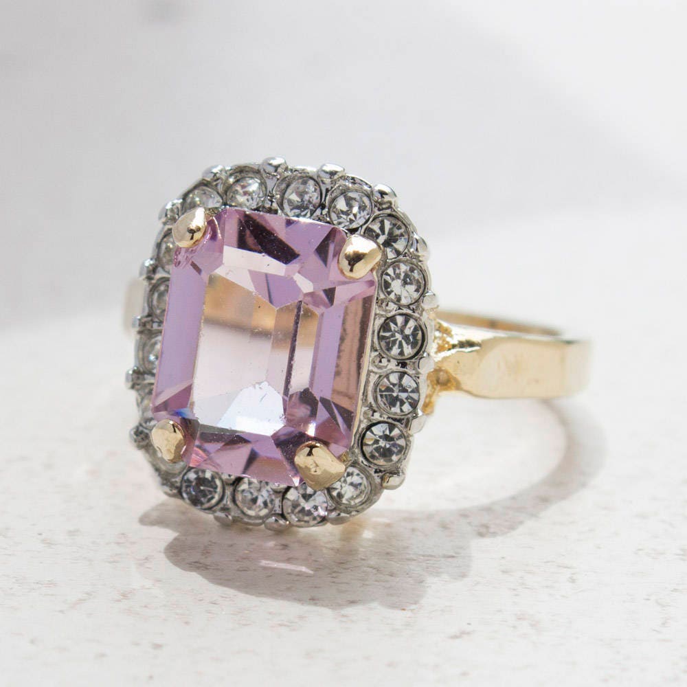 Vintage 18kt HGE Light Amethyst CZ Cocktail Ring with Austrian Crystals – Made in USA jewelry image 1