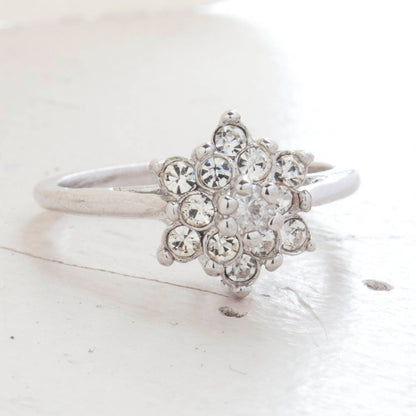 Vintage 1970s Clear Austrian Crystal Flower Cocktail Ring – 18k White Gold Electroplate jewelry image 1