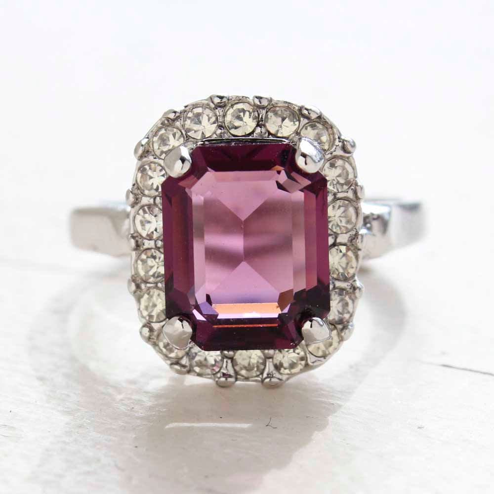 Vintage 18kt White Gold Electroplated Amethyst CZ Cocktail Ring with Austrian Crystals - Made in USA jewelry image 1