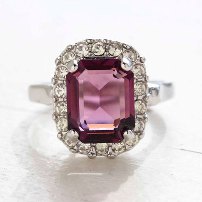 Vintage 18kt White Gold Electroplated Amethyst CZ Cocktail Ring with Austrian Crystals - Made in USA jewelry image 1
