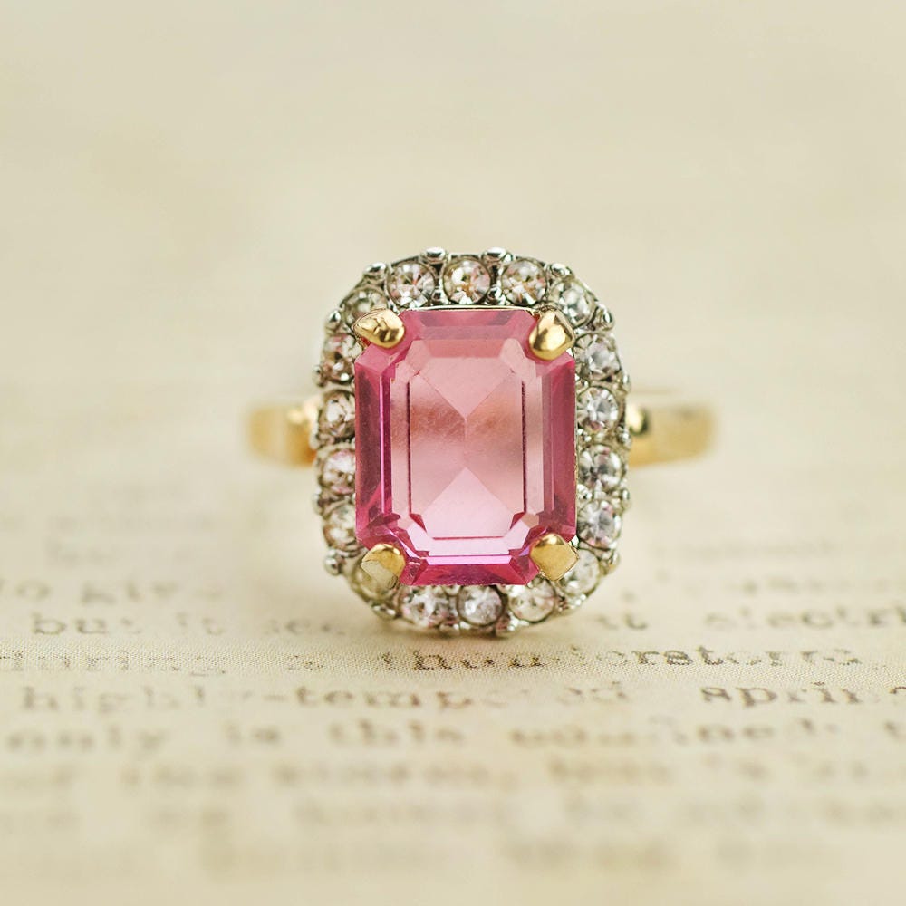 Vintage 18k Gold Plated Pink Austrian Crystal Halo Ring jewelry image 1